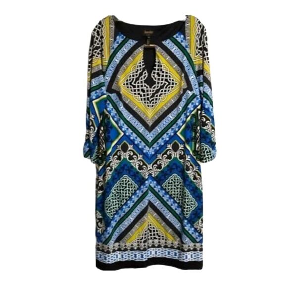 Laundry by Shelli Segal Sz Medium Jersey Shift Dress Blue Green Keyhole Neck - Picture 2 of 10